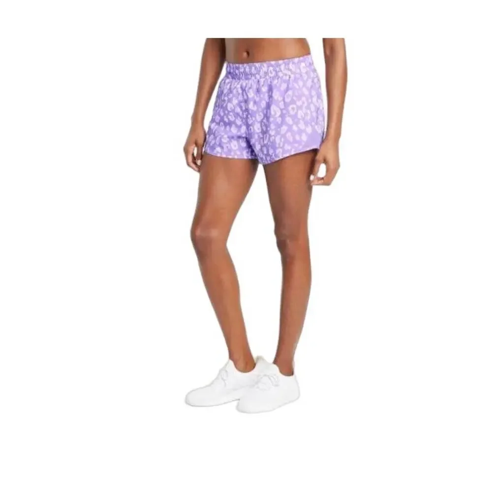 New All in Motion Light Purple Leopard Mid Rise Run Shorts Large